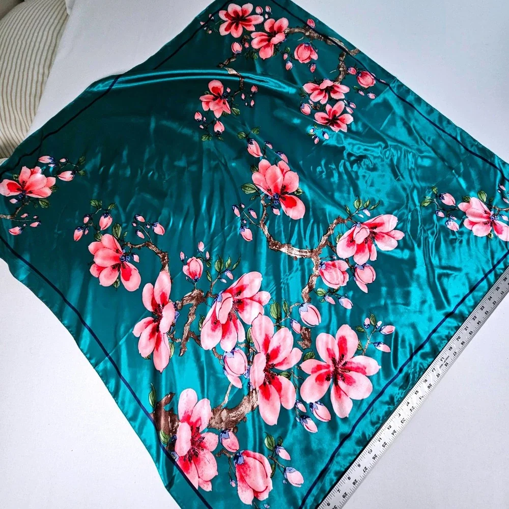 Teal Green Pink Cherry Blossom Floral Silk Feel Satin Square Scarf 35x35